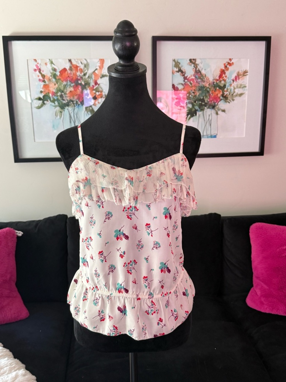 American Eagle Outfitters Cream Floral Ruffle Cami